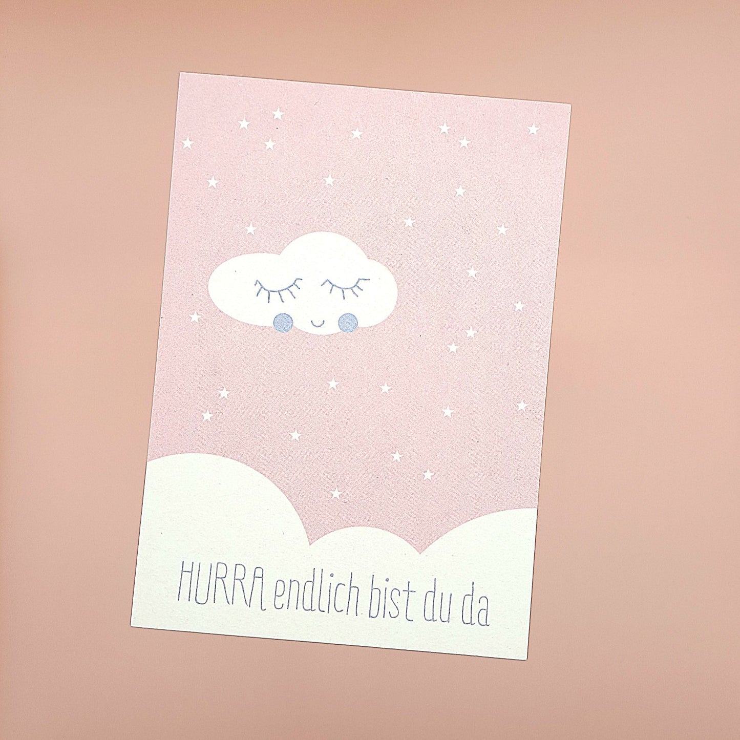 Postkarte Hurra endlich bist du da blau/rosa